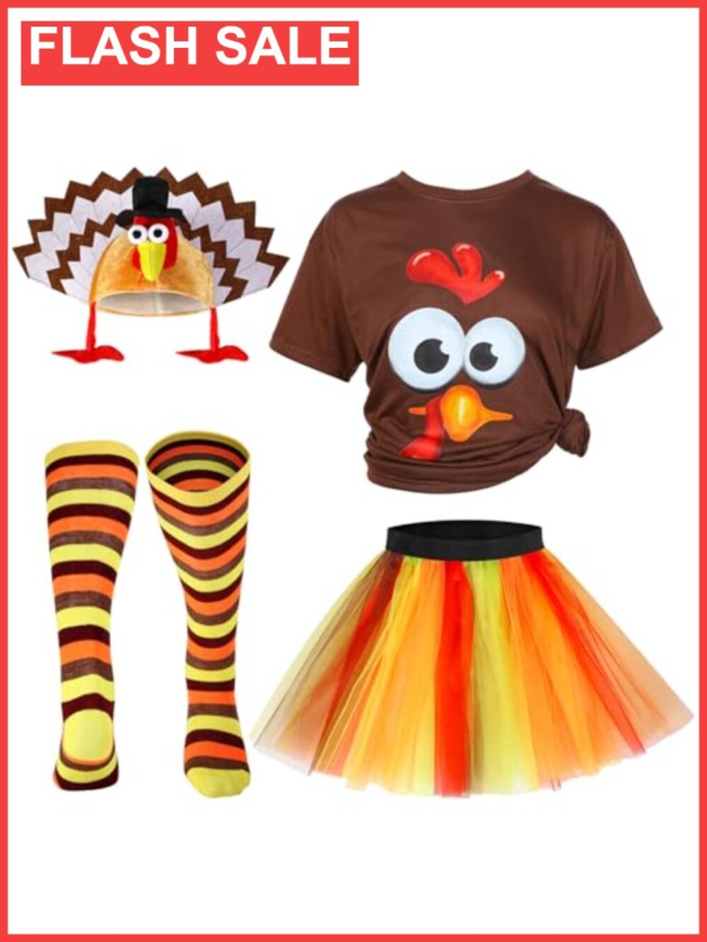4 Pc Thanksgiving Turkey Costume Set T-Shirt Tutu Socks Headgear